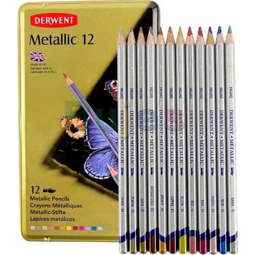 Derwent Metallic Water Soluble Pencils, 3.4mm Core, Metal Tin, Drawing, Art, 12-Pack (0700456), Art Supplies,watercolor