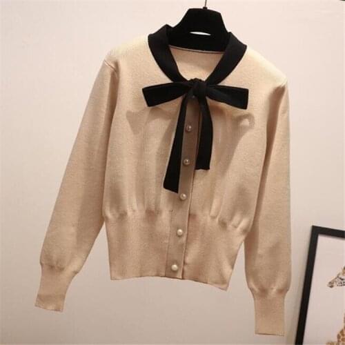 Korean Short Cardigan Women Knitted Sweater Spring Autumn Long Sleeve Thin Cardigan Elegant Bow V Neck Female Tops Ropa Mujer