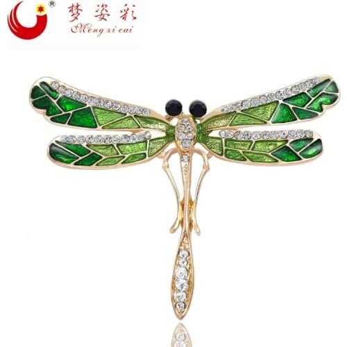 Fashion 12pcs Green Rhinestone Dragonfly brooch Pins Metal Insect Dragonfly brooches For women hijab lapel pins X1136