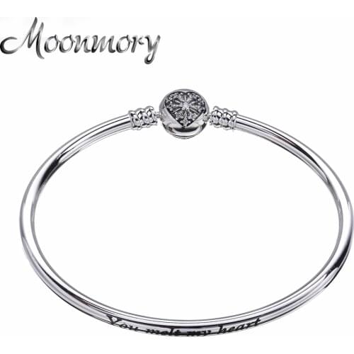 Moonmory 925 Sterling Silver Heart Snowflake Bangle Bracelet For Women Classic Timeless DIY Bead Jewelry Marking Christmas Gifts