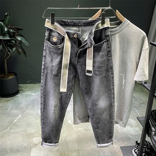 Light gray stretch jeans mens 2021 spring and summer new micro-harem pants Korean trend embroidery long pencil pants