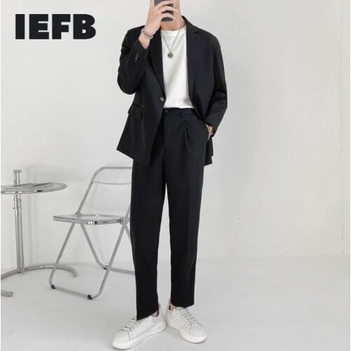 IEFB High Quality New Summer Simple Light Mature Loose Mens Two Piece Set Long Sleeve Single Button Suit Jacket +Straight Pants