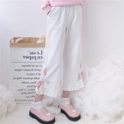 Japanese Soft Girl Pants High Waist Embroidered Strap Wide Leg Pants Sweet Lotus Leaf Casual Straight Pants
