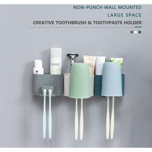 Creative Toothbrush Holder Drain Toothpaste Rack Non-Punch Wall Mounted Toothware Cup Home Bathroom Accesseries Organizer Set