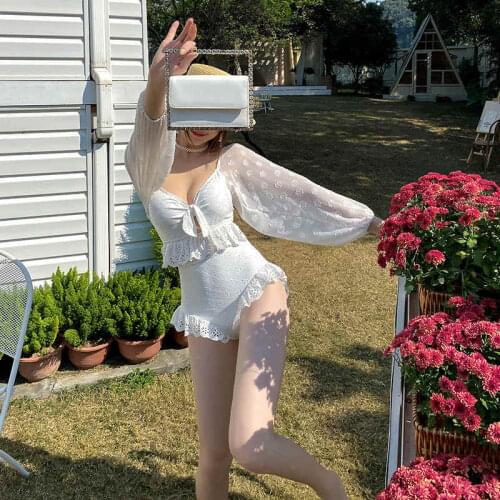 2021 New Sexy Hot Spring Swimsuit Women Long-Sleeved Low-Cut Straps Gathered Ruffled Lace Hem Korean One-Piece Bikini Swimwear