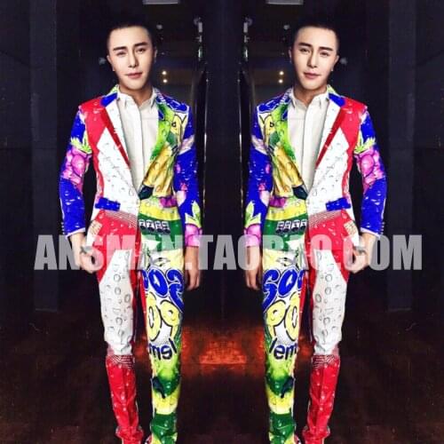 New Plus Size Men Blazers Jacket Mens Brand Singer Dj Nightclub Catwalk Models Suit The Color Of Lemon Cola Graffiti Costumes