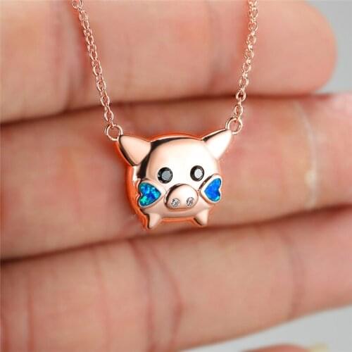 Cute Heart Opal Zircon Wedding Necklace Boho Female Animal Pig Pendant Necklace Rose Gold Silver Color Chain Necklaces For Women