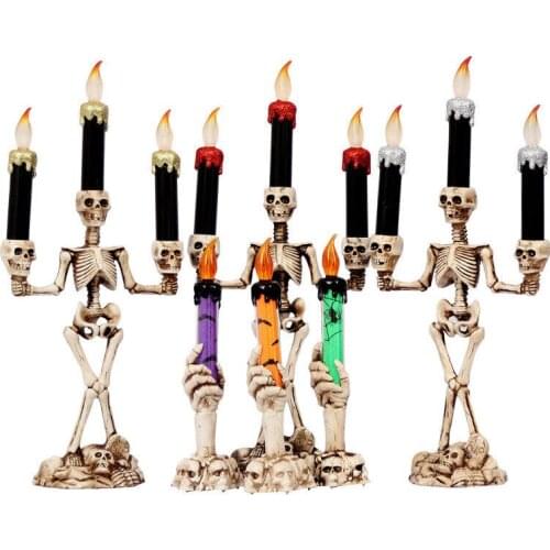 Resin LED Candle Holder 3-arms Skull Skeleton Candle Stand For Home Halloween Party DIY Decoration Candlestick Art Props