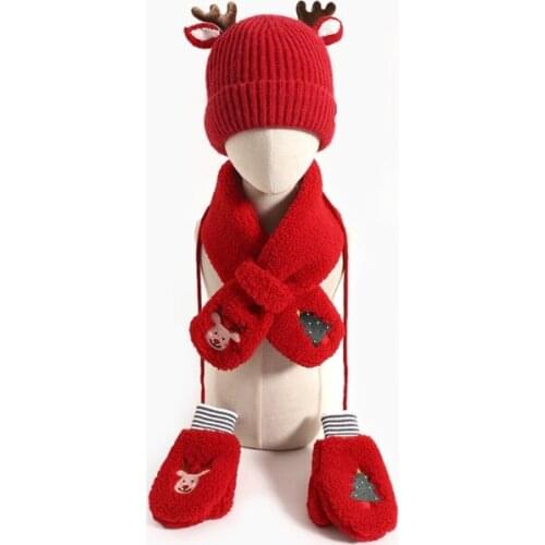 Toddler Kids Christmas 3 Pieces Beanie Hat Plush Long Scarf Gloves Set Cute Reindeer Antlers Knitted Baby Winter popular