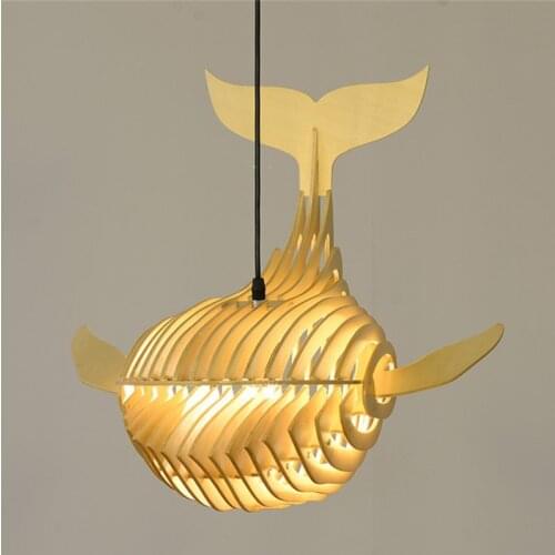 Modern Solid Wood Whale Pendant Lights Nordic Kitchen Dining Room Bar Light Living Room Hanging Lamps LED Art Wooden Fish Lamp