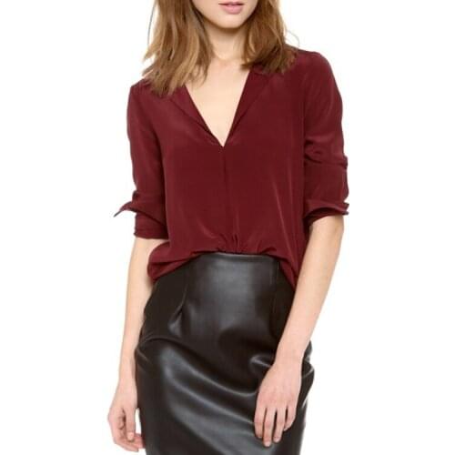 Modern Womens V-neck Pullover Chiffon Shirt Top Wine Red Solid Color Chiffon Blouse
