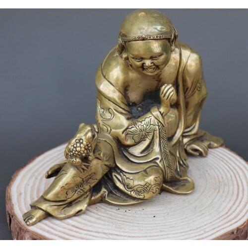 Antique Old QingDynasty copper statue,Liu Hai playing toad sculpture,hand carving crafts,best collection&adornment,free shipping