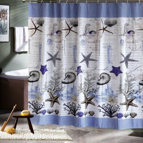 Happy Tree Polyester Blue Sea Life Seashell Waterproof Shower Curtain Thicken Fabric Bathroom Curtain Blue Bath Curtain