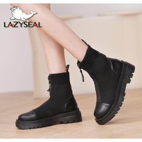 Lazyseal Flying Stretch Cloth Round Toe Platform Ankle Boots Lace Up Autumn Shoes Stretch Fabric Zip Splice Fashion Women Boots