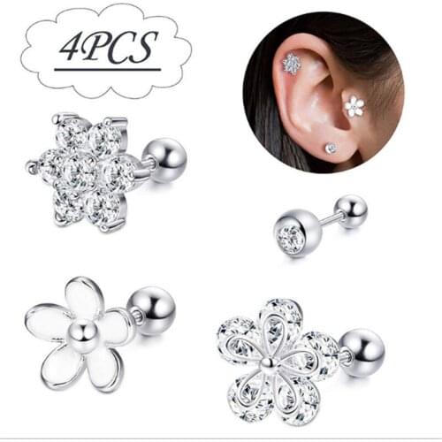 1 Piece New Trendy Stainless Steel White Crystal Stud Earring for Women High Quality Flowers Ear Piercings Fashion Jewelry