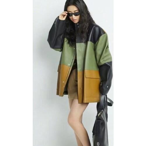 Women Coat Spring And Autumn 2021 New Fashion Regular Length Real Sheepskin Three Color Spliced Genuine Leather Jacket