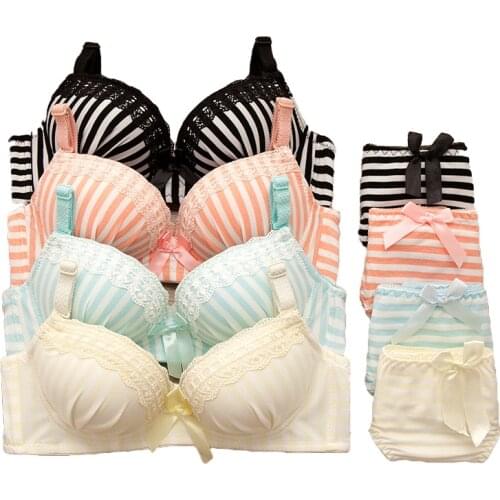 2018 New Young Girls Stripe Bras Sets Cute Bow Lace Print Studnent Underwear for Girls Cotton Bras Sets Kids Puberty Girls Bra