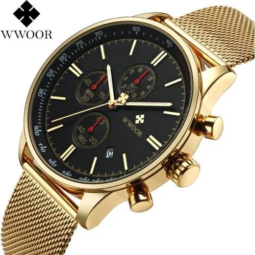 WWOOR New Luxury Brand Mens Watches Ultra Thin Stainless Steel Mesh Band Sport Quartz Watch Men Wristwatch Fashion Chronograph