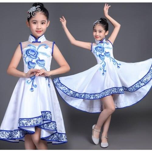 Childrens Jazz Dance Latin Dance Girls Dress Show Costume Boy Chinese Style Blue and White Porcelain Guzheng Costume Set