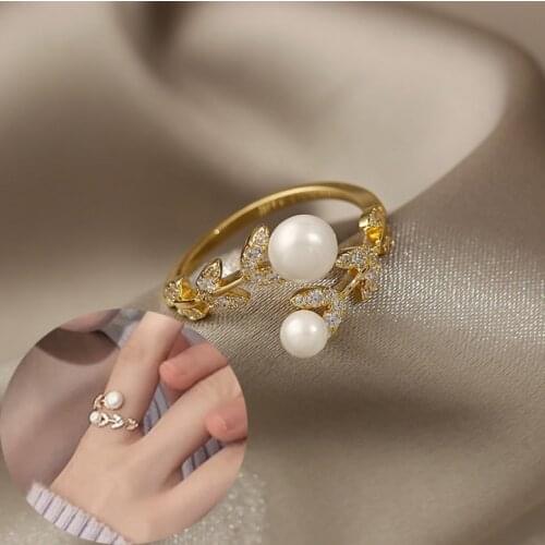 Graceful Leaves Both End of Open Ring Cold Color Girl Cocktail Party Rings Shine Crystal Pearl Fashion Women Jewelry