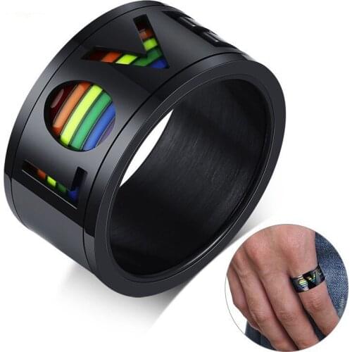 Simple 11mm Black Spinner Rings for Men Hollow Rainbow LOVE Wedding Bands Stainless Steel Rotatable Stress Release LGBT Jewelry