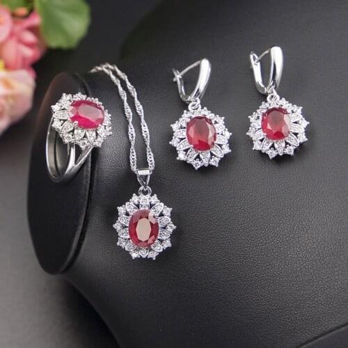 Shiny CZ Red Cubic Zircon Silver Color Jewelry Drop Earrings Ring Necklace Pendant Set For Women Flower Square Jewelry