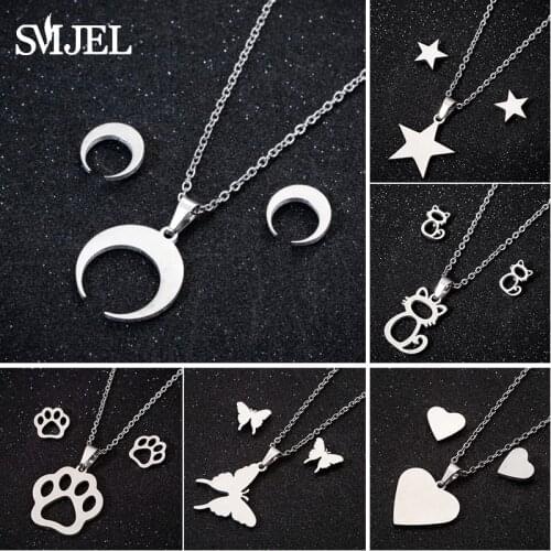 Stainless Steel Jewellery Set Fashion Star Heart Crescent Moon Necklaces Set for Women Vintage Feather Earings pendientes