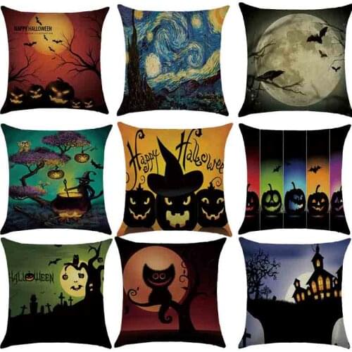 Meijuner New Cotton Linen Cushion Covers Pillowcase for Halloween Festival Cartoon Horror Pumpkin Cat Printing DIY Crafty MJ023