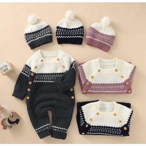 Autumn Winter Babies Casual Two-piece Clothes Set Long Sleeve Round Collar Jumpsuit and Cap Dark Pink/ Charcoal/ Navy