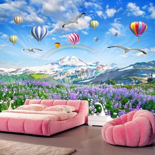Custom Wall Mural Lavender Flowers Sea Hot Air Balloon Nature Landscape Photo Wallpaper For Living Room Bedroom Background Decor