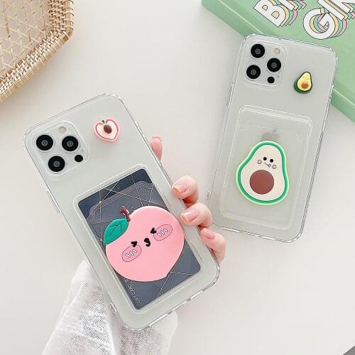 3D Avocado Peach Clear Phone Case For iPhone 13 12 Pro Max 11Pro Max XR XS Max 7 8 Plus X 13Mini Transparent Card Holder Cases