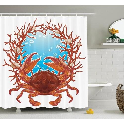Seashells Shower Curtain Crab Spiral Seashells and Coral Frame Aquarium Cockleshell Branch Bubbles Claws Nature Bathroom Curtain
