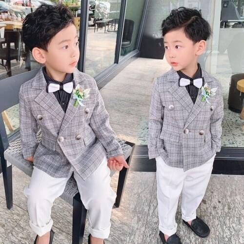 Flower Boys Plaid Jacket+Pants 2Pcs Clothing Set Gentleman Kids Formal Wedding Suit Children Performance Party Dress