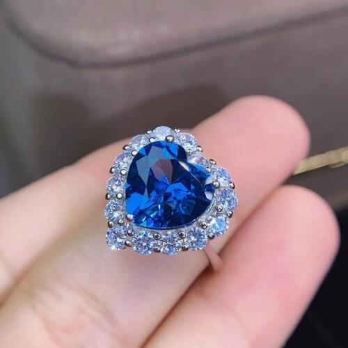 Heart style blue topaz gemstone ring for women jewelry big size heart gem real 925 silver engagement ring