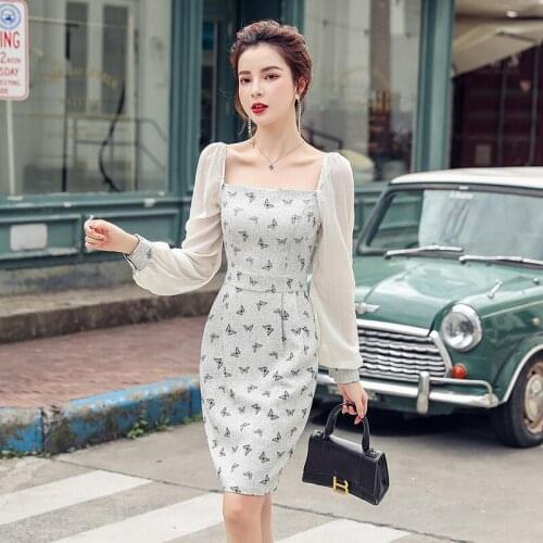 Spring autumn comfortable perspective sleeves Butterfly printing high quality backless work style elegant cute slim pencil dress