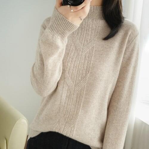 Hot sale ATTYYWS brand half high neck 100% pure wool sweater loose and comfortable long-sleeved knitted pullover cashmere Ms