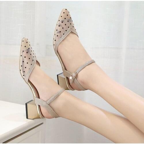 Baotou Mesh Sandals Womens Spring and Summer 2021 New Low-heeled Pointed Buckle Belt Ladies Fashion Thick-heeled Sandals