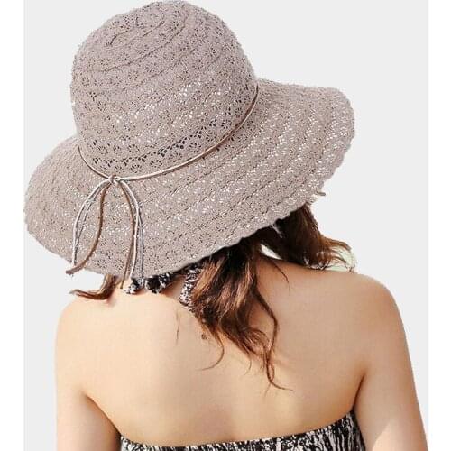 Women Foldable Beach Bow Sunhats Beach Sun Hat Ladies Lace Hollow Straw Hat