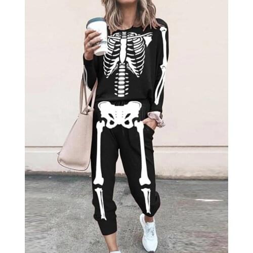 2021 Y2K Autumn Casual Women Halloween 2PC Clothes Set,Black Skeleton Printed Pattern Pullover and Pants with Pockets Streetwear
