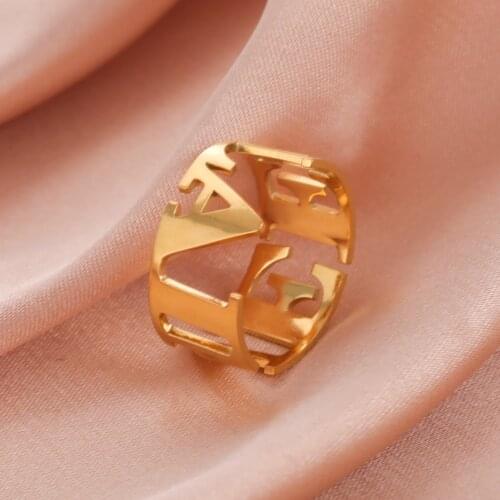 Lemegeton Personalized Custom Name Ring For Woman Man Couple Rings Hollowed Cut Alphabet Letter Adjustable Stainless Steel Ring