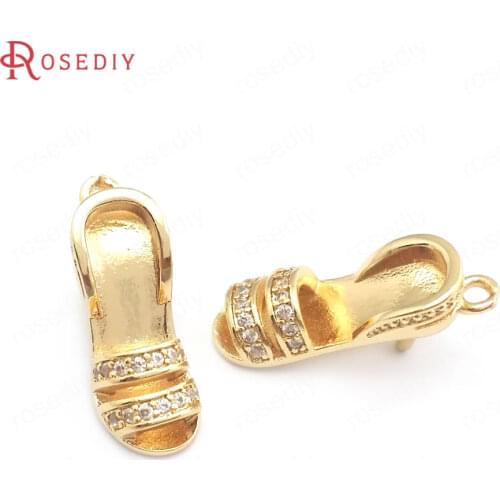 40041)10PCS 7x17MM 24K Champagne Gold Color Brass and Zircon High-Heeled Sandals Charms Pendants Diy Jewelry Making Supplies