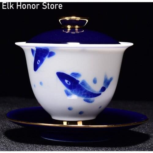 160ml Exquisite White Ceramic Sancai Tureen Teacup Hand Painted Fish Play Blue And White Pattern Tea Bowl Porcelain Teaware