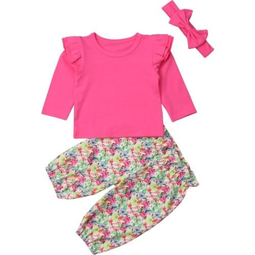 Little Girls 3Pcs Summer Long Sleeve Clothes Set Toddlers Baby Kids Girl T-shirt Tops+Floral Long Pants Outfits Sets 0-4T