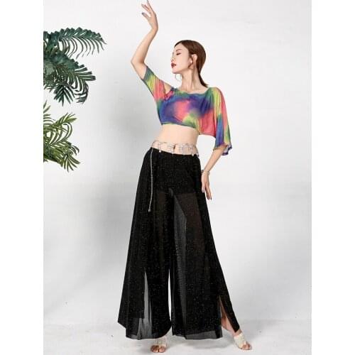 Belly dance clothing womens new summer practice suit suit sexy slim slimming yarn dress wide leg pants performance suit