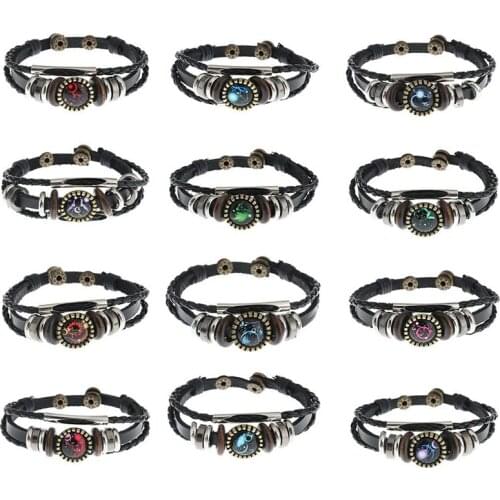 NEW 12 Constellation Handmade Leather Bracelets For Women Weave Multi Layer Punk 12 Zodiac Couple Charms Bracelet Jewelry