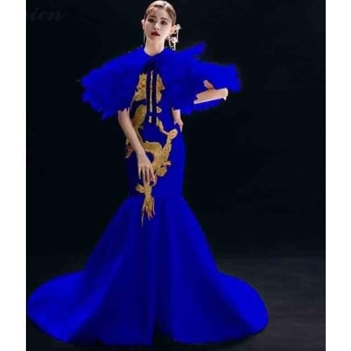 Royal Blue Embroidery Dragon Cheongsam Modern Host Qi Pao Women Chinese Evening Dress Fashion Show Dresses Chinoise Tailing