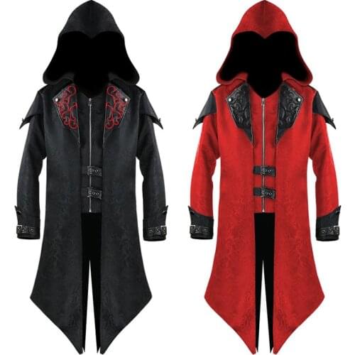 Medieval Steampunk Assassin Costume For Adult Black Red Vintage Mid-length Stitching Jacket Gothic Hooded Halloween Coats