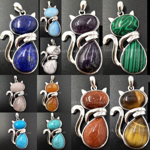 Lapis Lazuli Opal Crystal Carnelian Malachite Tigers Eye Howlite Aventurine Goldstone Blue Sand Cat Art Pendant Bead WFH409