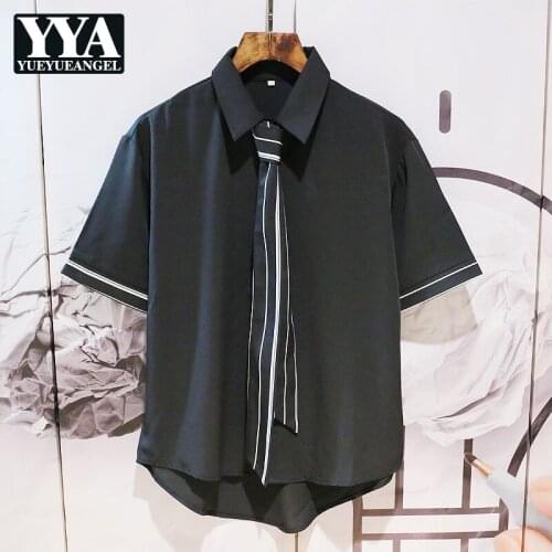 Summer Mens Casual Short Sleeve Tie Shirt Striped Student Boys Uniform Top Streetwear Black White Loose Fit Male Shirt Tops Wear
