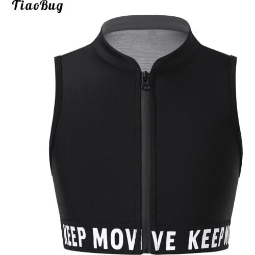 Summer Black Kids Girls Sport Vest Stand Collar Sleeveless Front Zipper Closure Letters Printed Gym Yoga Fitness Sport Tank Top